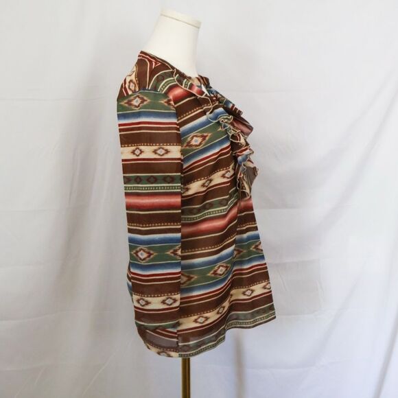 Chaps Southwestern Print 3/4 Sleeve Ruffled Mesh Lace-Up Top XL - Picture 3 of 6